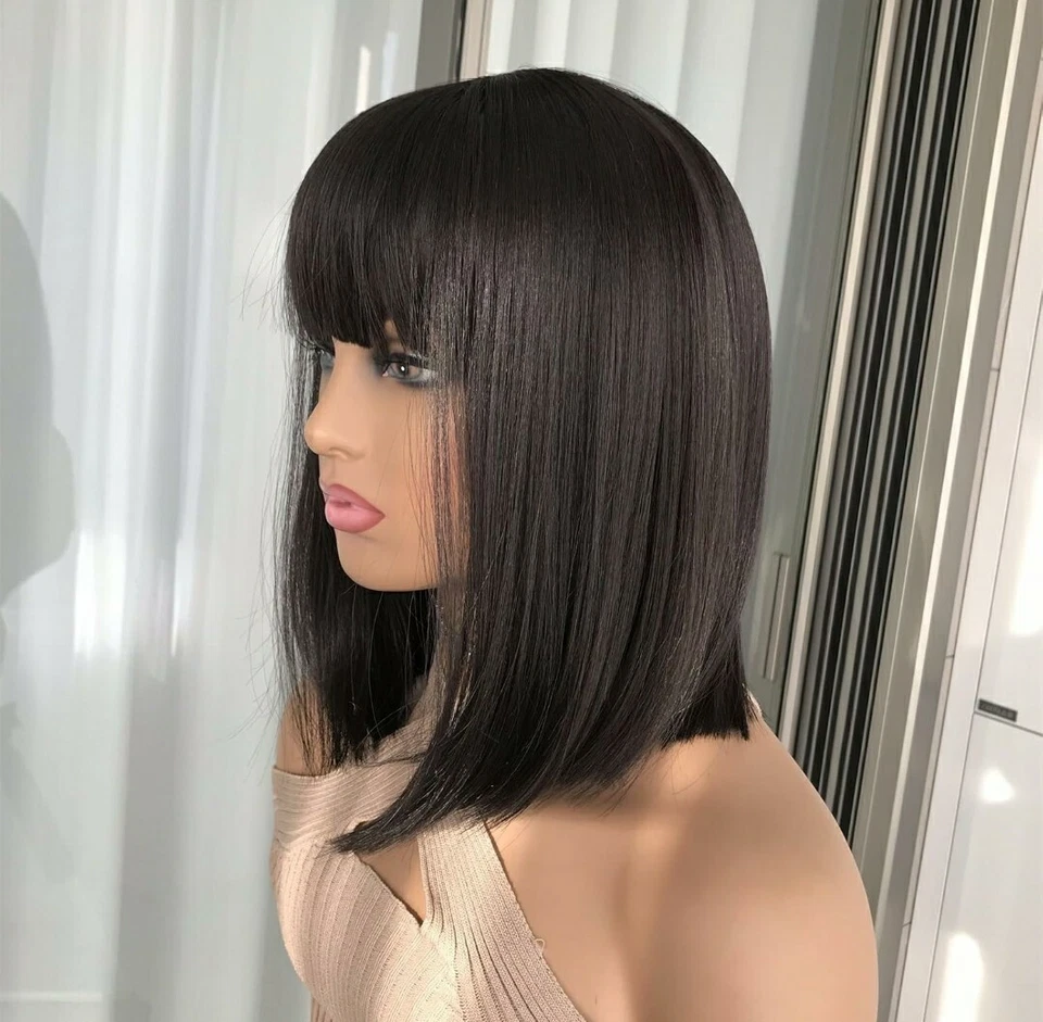 Black Bob - 经典帽子假发 - 直钝切割带手镯 - 丝绸人类头发 Bl — 第 2/4 张图片