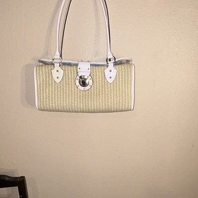 Jones New York Yellow White Striped Shoulder Bag Turn Lock Lined Silver Women