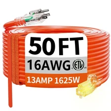 50 ft 16/3 Gauge Outdoor Extension Cord Waterproof with Lighted, Flexible Col...