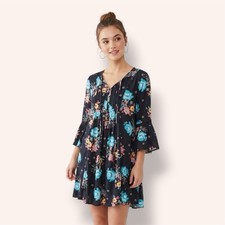 Arizona Jean Co. M A-Line Dress Multicolor Floral V-Neck Bell 3/4 Sleeve Short