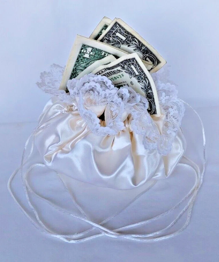 Bolsa de dinero con cordón para baile de boda nupcial blanco-marfil satinado y encaje Foto 2 de 4