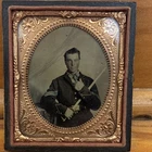Original Civil War Tintype Cased Photograph officer with Sword Ornate Case