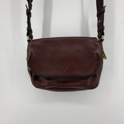 Fossil Preston Brown Pebbled Leather Expandable Crossbody Bag Gold Hardware