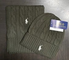 Ralph Lauren Polo Dark Green/ White Pony Men Women Scarf and Beanie Hat 2Pc Set
