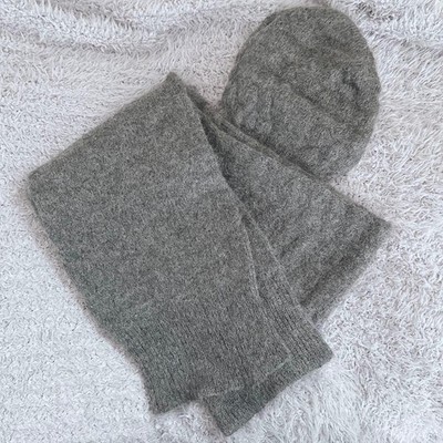 Authentischer Miu Miu Mohair Schal Strickmütze Set Beanie Grau Nylon Wolle Da...