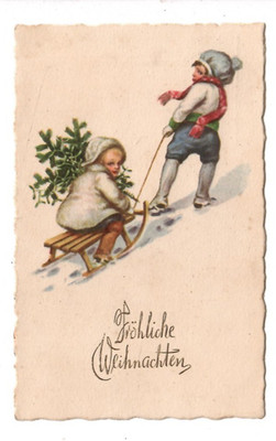 15286- Christmas * Children with Sleigh and Fir * 1924