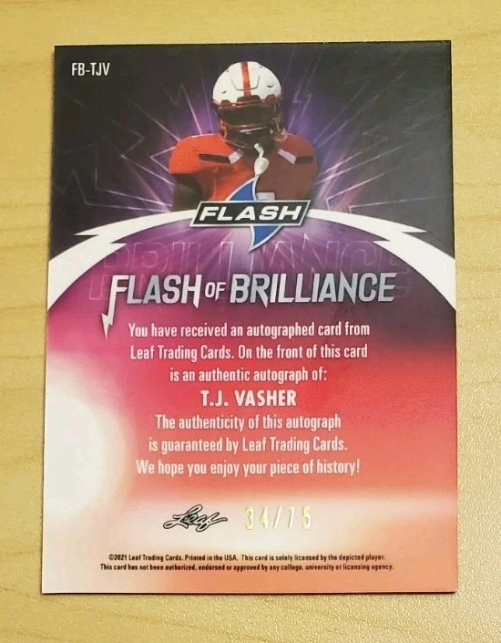 2021 Leaf Flash - Flash of Brilliance T.J. Vasher #FB-TJV Navy Blue /75 (AU, RC) - Image 2 of 2