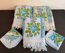 Vintage Cannon 3 Pc Blue Floral Roses Bath Towel Set Fringe Mid Century 70s READ