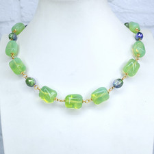 Green Glass Necklace 20'' Czech Vintage Beads Women`s Jewelry Art Deco Style