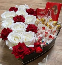 Red White Rose Large Heart Gift Box Lindor Raffaello Maltesers