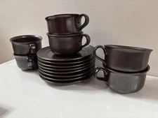 Set of 6 Sweden Hoganas Keramik Brown Stoneware Coffee Mugs & Saucers MCM