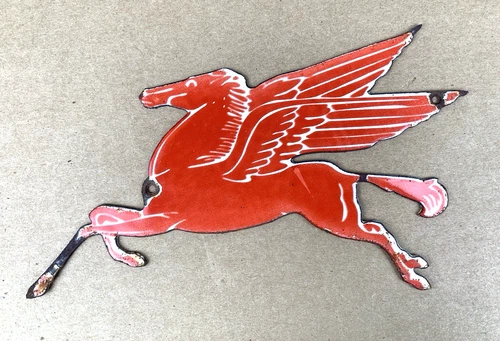 VINTAGE 8.5x5" MOBILGAS MOBILOIL RED PEGASUS GASOLINE PORCELAIN MOTOR OIL SIGN