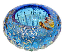 Murano blaue Schale mit Gold-,Silber-blatt & Lufteinschl&uuml;ssen &Oslash; 14cm h- 9cm 830g