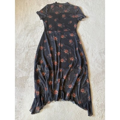 Goth Dark Women's Large Mesh Upper Floral Rose Print Mock Neck Dress Elder Emo
