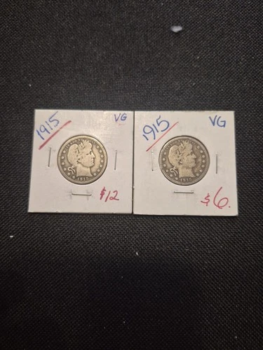 2 Beautiful 1915 Silver Barber Quarter Dollars.  Rare Coin Set!