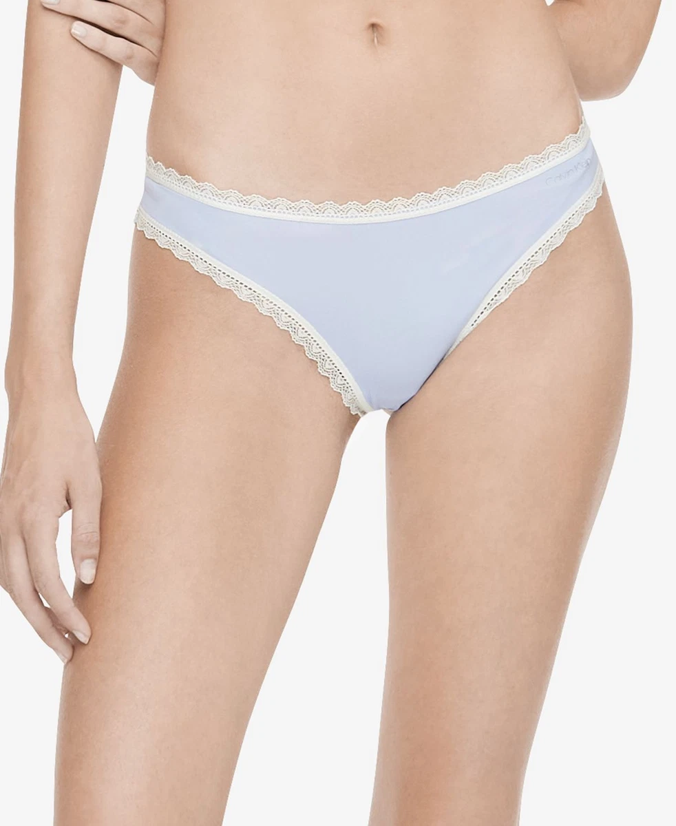 Calvin Klein Womens Lace Trim Thong Underwear,Prepster Blue,X-Large