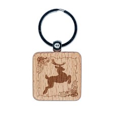 Flying Reindeer with Holly Border Christmas Engraved Wood Square Keychain