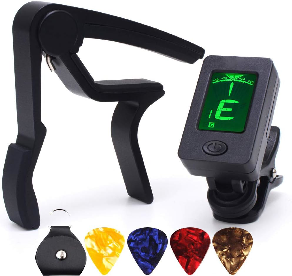 Black Guitar Capo with Clip-On Tuner for Acoustic Guitar Bass Ukulele Violin