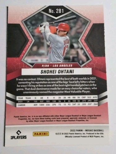 Shonei Ontani 2022 Panini Mosaic *2021 MVP* MLB Card No. 281 - Picture 2 of 2