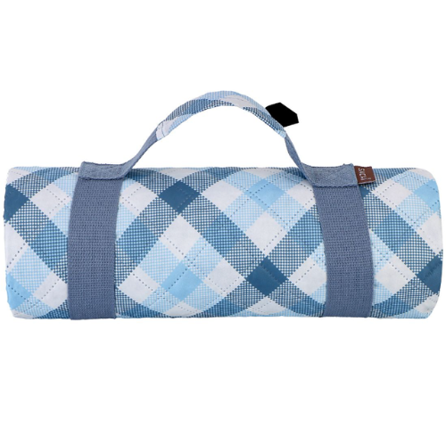Sachi Reusable Picnic Rug Outdoor Blanket Mat w/ Carry Handle, Gingham Blue/Grey - Picture 2 of 6