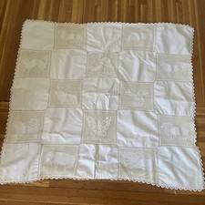 Antique Hand Crocheted Knit Cream Baby Quilt Animals Yellow Silk Backing