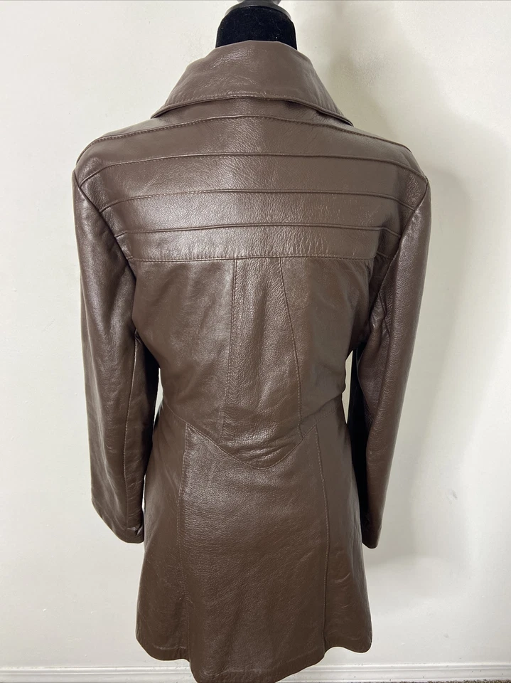 Sears Quebec Woman M/L 70s Brown Leather Chocolate Coat Lined Belted Mod Hipster - Image 2 of 4