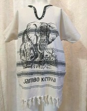 JAMBO KENYA Kid's Unisex Large Elephants White Black V-Neck Fringe Bottom Cotton