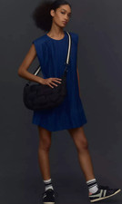 By Anthropologie Cap-Sleeve Plissé Mini Dress in Blue Size XL