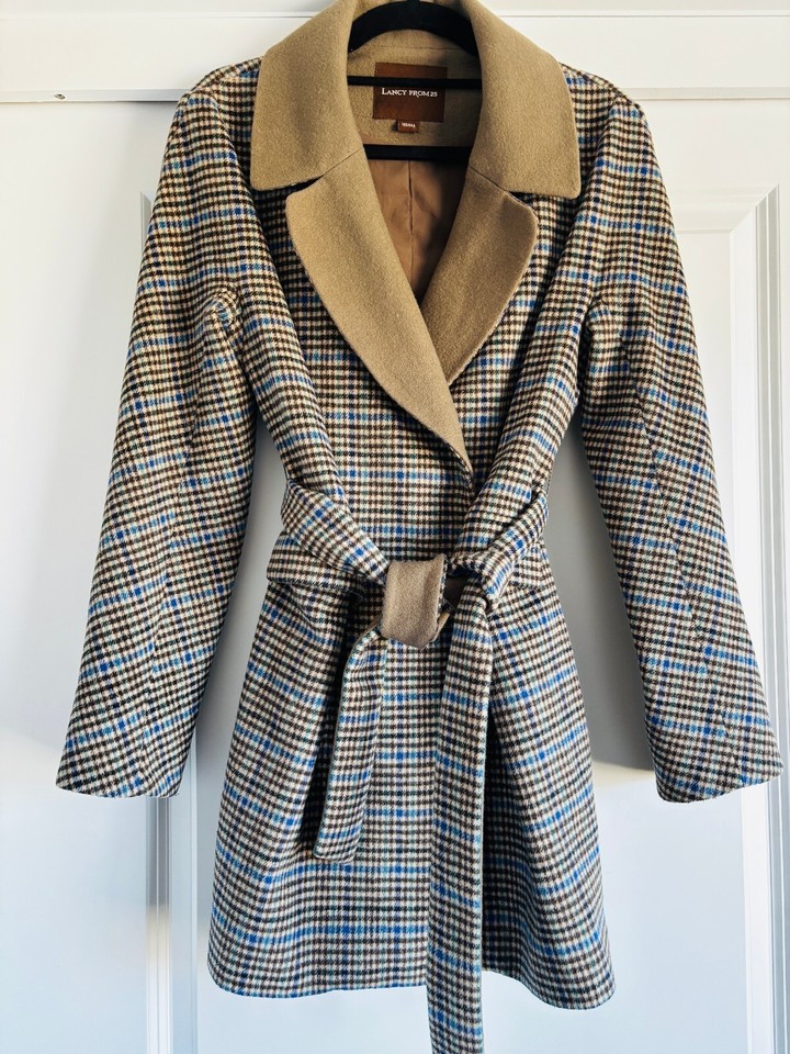 Lancy From 25 Check Belted Coat Size 12 AU Wool Blend Shawl Collar