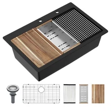 Couoko 33x22 Black Drop in Kitchen Sink Quartz Granite Composite Workstation----