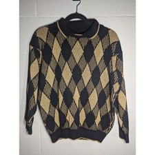 Alfred Dunner Mens Collared Knit Sweater Large Checkered Plaid Preppy metallic