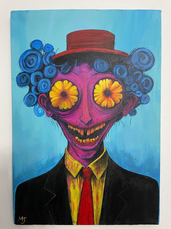 VENDIDO. Pintura Acrílica Surrealista Original 14x20 pulgadas Payaso Espeluznante Retrato Foto 2 de 4