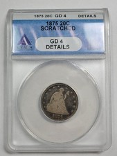 1875 P 20c Twenty Cent Piece ANACS G4 Details KEY DATE Philadelphia Scratch *T82