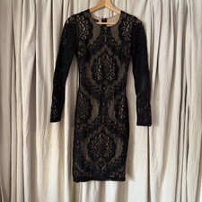 Black Lace Bebe Bodycon Dress Knee Length Goth Dark Romance Stretch XXS