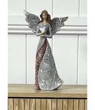 Christmas Ornament Silver Resin Angel Figurine Holding Heart Wings Floral Rustic