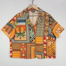 Haute Hippie Shirt Womens Large Orange Patchwork Linen Blend Button Up Boho