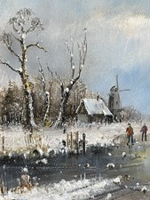 Antico dipinto ad olio paesaggio invernale piacere del ghiaccio idillio invernale 