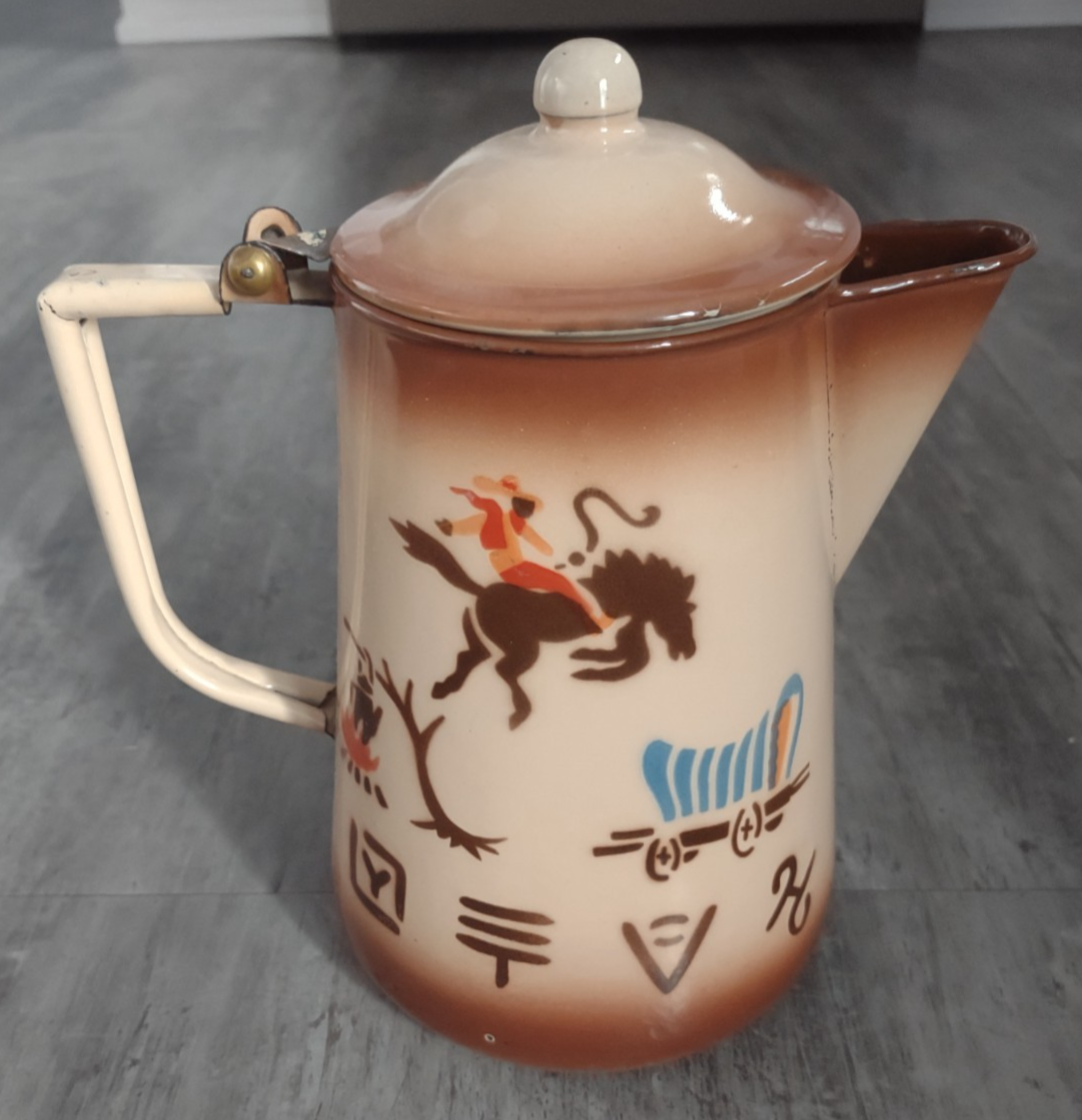 Vintage Nasco Western Enamelware Cowboy Bronco Wagon Coffee Pot