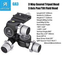 3-Way Geared Head Tripod Head 3 Axis Pan/Tilt Fluid Head Arca Type QR Plate