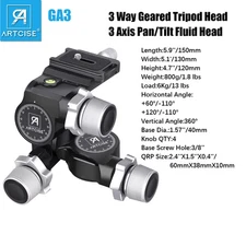 3-Way Geared Head Tripod Head 3 Axis Pan/Tilt Fluid Head W/ Panning Base