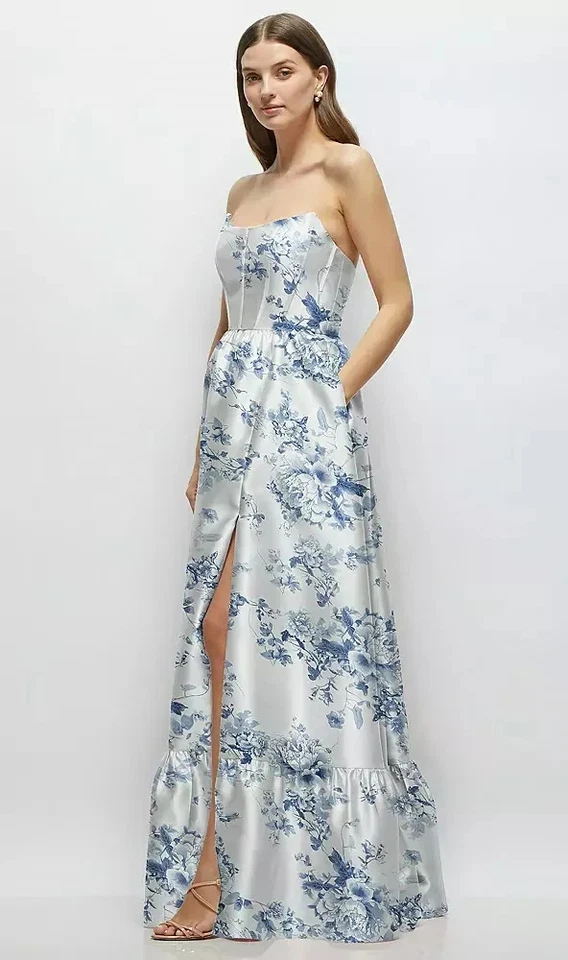 Alfred Sung Cottage Rose Floral Strapless Bustier Satin Gown Size 8 $310 3152FP - Image 2 of 3