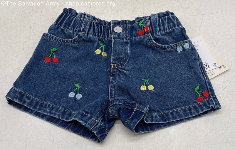 NWT H&M Girls Blue Cotton Cherries Print Embroidered Denim Mom Shorts Size US 2T