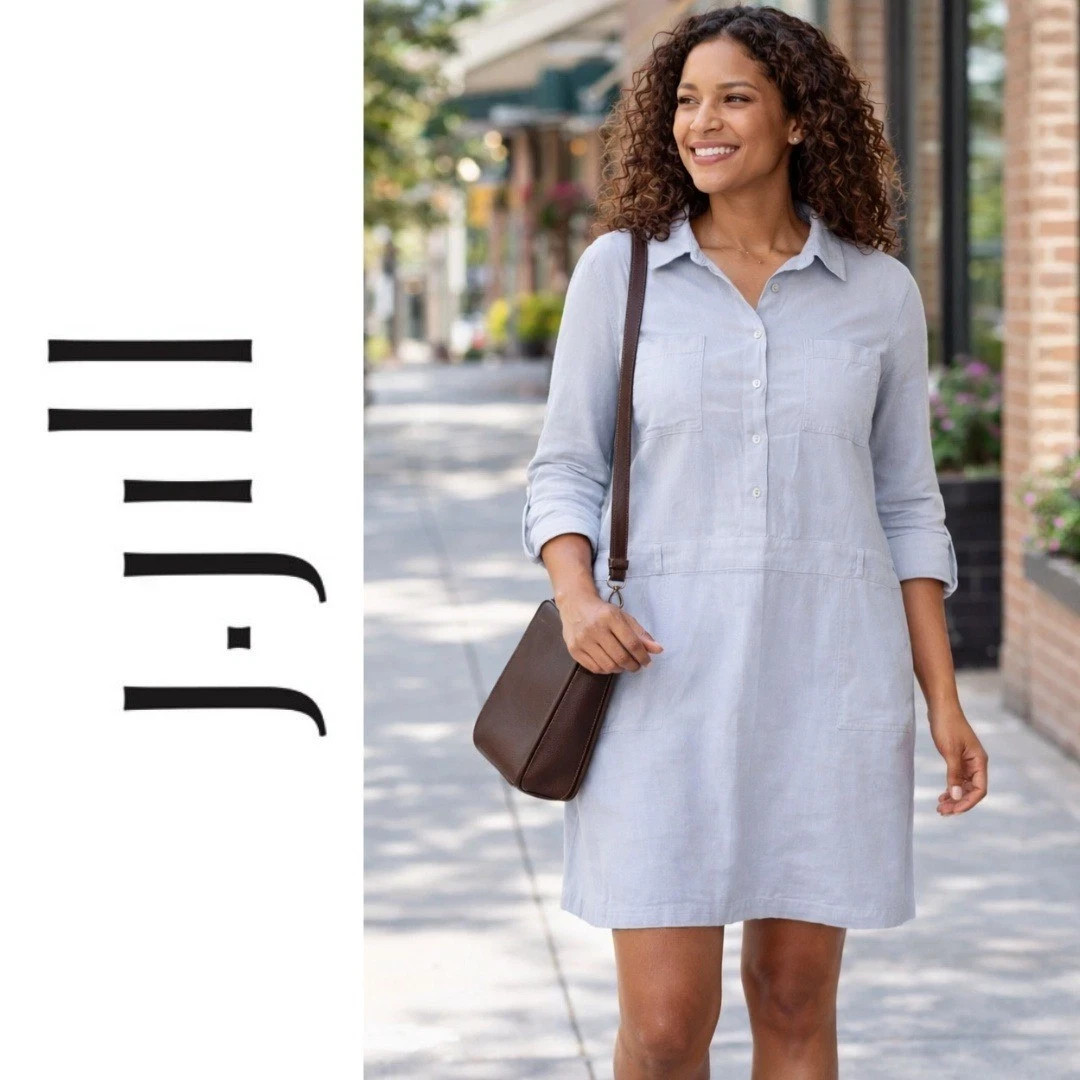 NWT Sz M J Jill Linen Raindrop Blue Chambray Popover Collar Shirt Dress Coastal