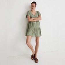 Madewell Lightspun Cuff-Sleeve Button-Front Tiered Mini Dress in Dried Aloe