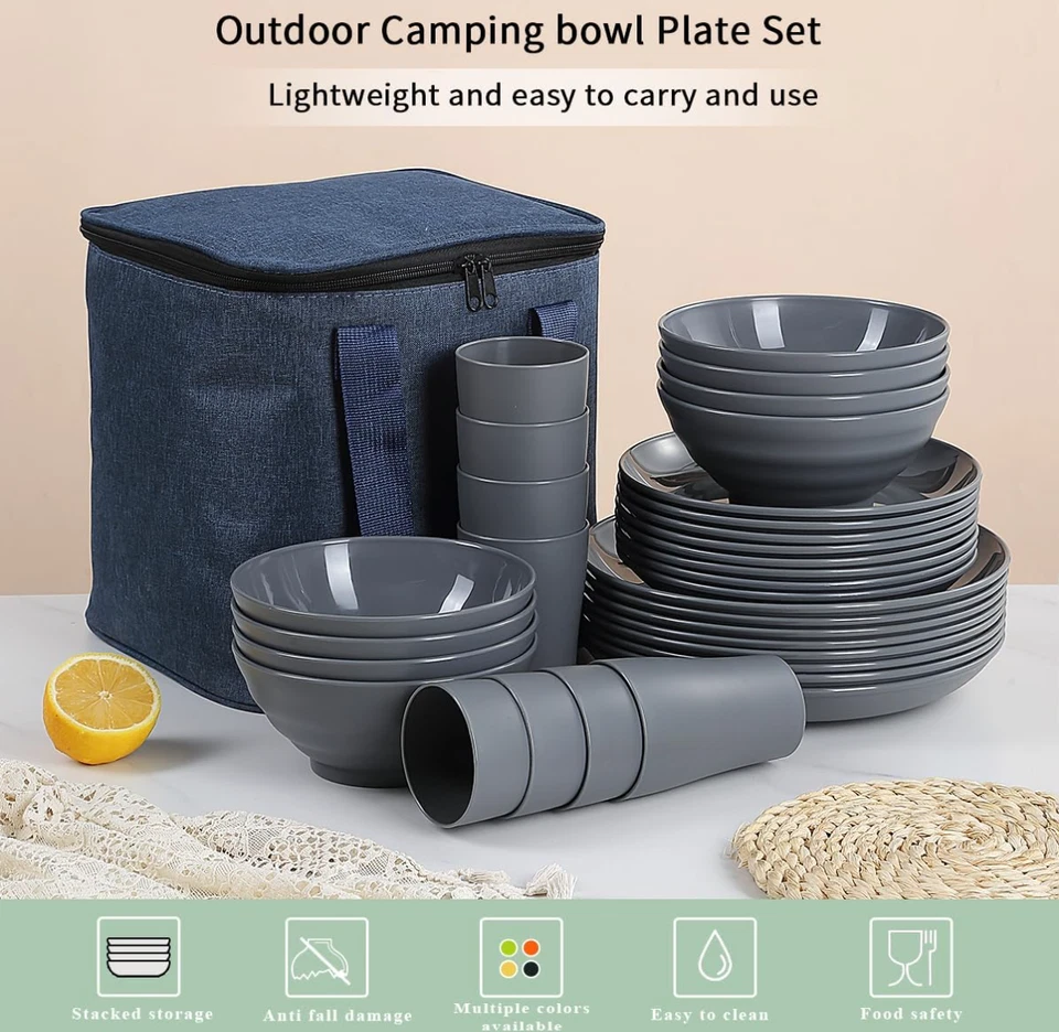 Plastic Dinnerware Set 32 PCS (Reusable Light Weight Mugs, Bowls, Dishes) Grey - Image 3 of 4