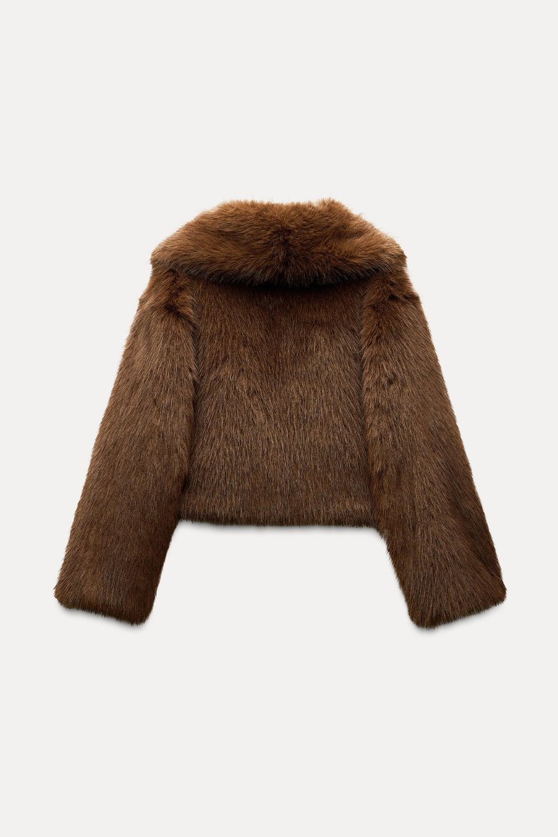 Zara Short Faux Fur Coat Jacket Brown Size XS S L Extra