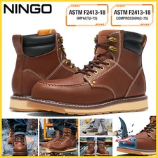 NINGO Men Steel/Soft Toe Work Boots Leather Waterproof Safety Construction Boots