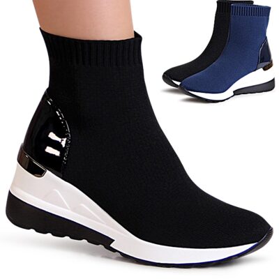 Damen Keilabsatz Stiefeletten Sneaker Turnschuhe Socken Strick Keil