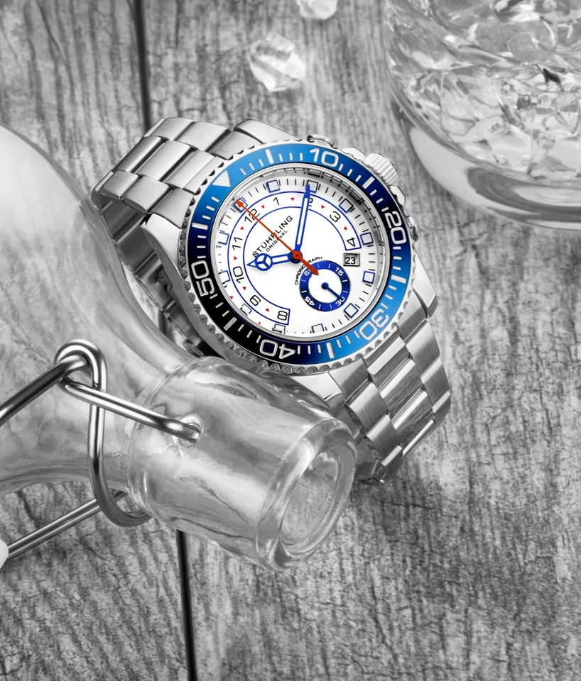 Reloj pulsera Stuhrling para hombre cronógrafo buzo esfera blanca bisel azul plata Foto 2 de 4