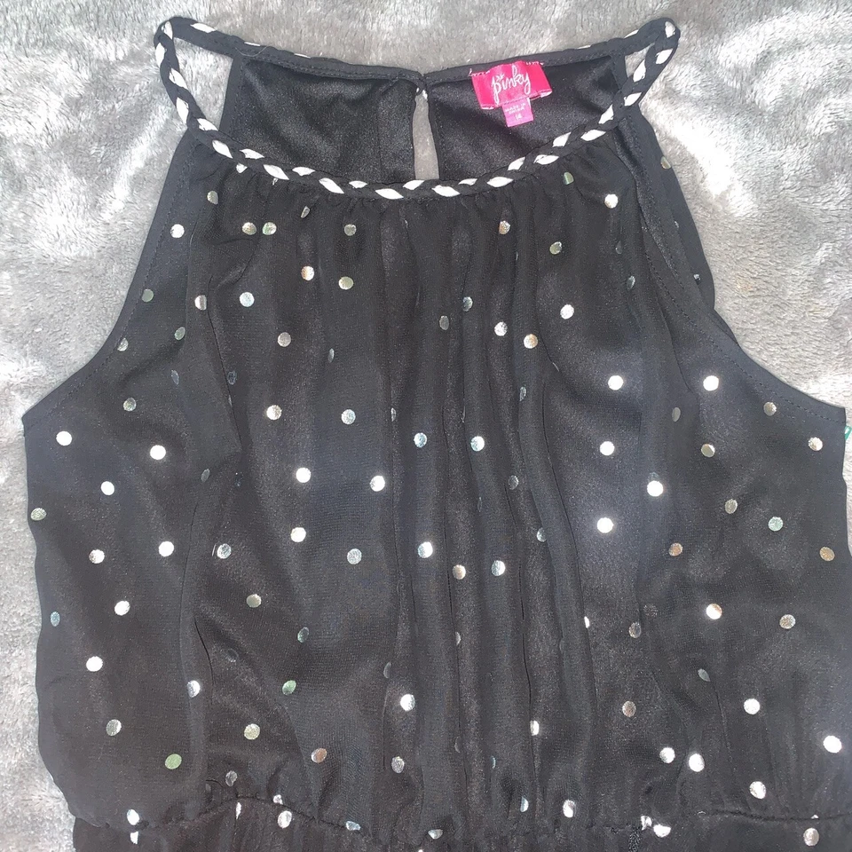 Vestido de Gasa Falda Plisada Lunares Negro Plateado Pinky Talla 14 para Niña Usado en Excelente Condición Foto 3 de 4